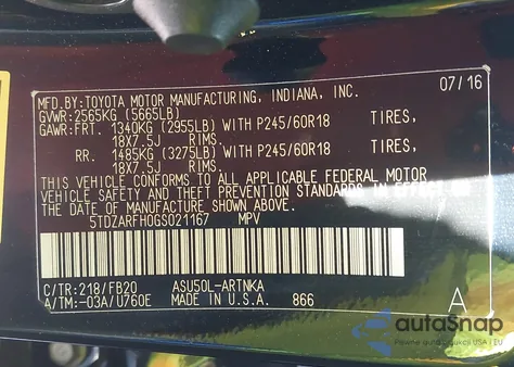 2016 Toyota Highlander Le from USA, damaged, VIN 5TDZARFH0GS021167